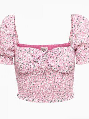 Aritzia Sinatra Smocked Pink Floral Puff Sleeve Blouse Cropped Size M